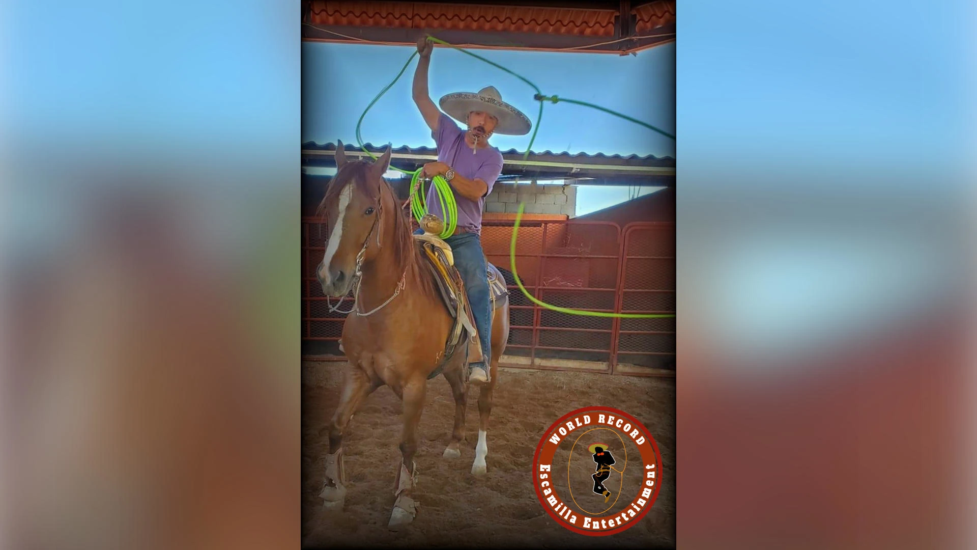 Jockey with a neon lasso performing tricks with a horse