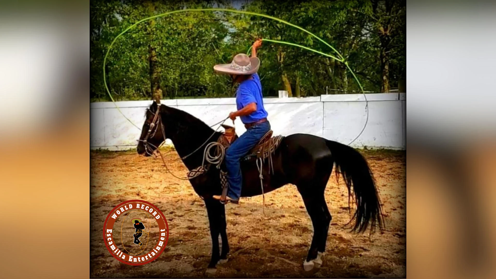 Young boy jockey performing lasso tricks with a horse